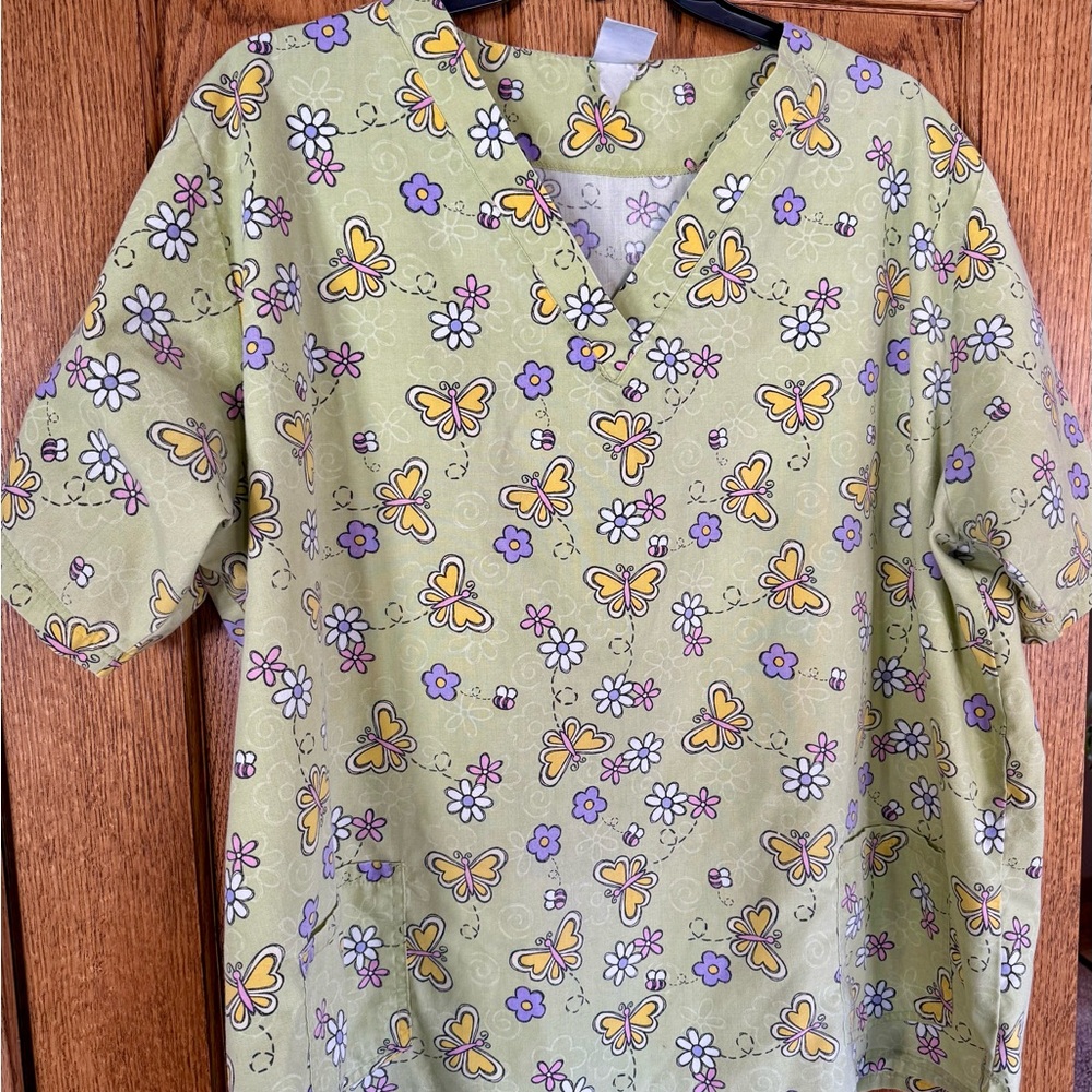 UA Scrubs Green Butterfly Print Top